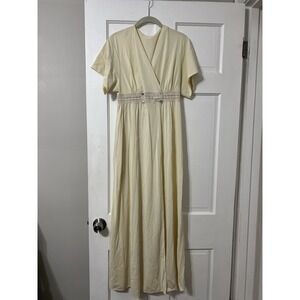 Vtg 80s/70s Shadow line Cream‎ V Neck Cinched Waist Flutter Sleeves Lace Maxi S